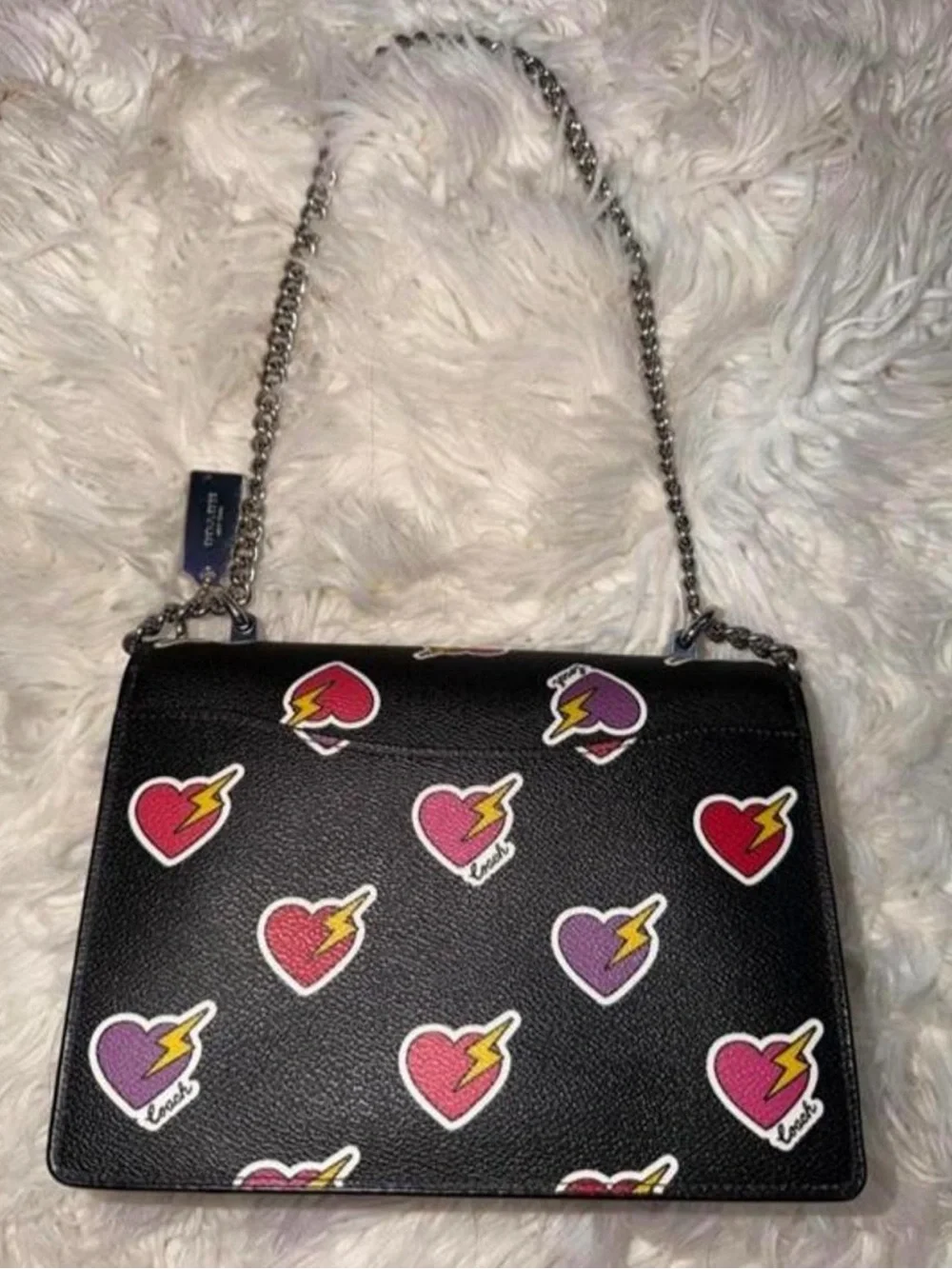 Coach Black Leather Shoulder Bag with Pink & Purple Heart Lightning Motif